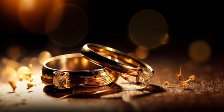 A pair of gold wedding rings on firefly backgroundの素材