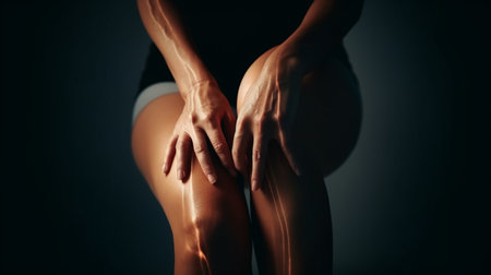 A woman having knee pain, focus in the knee area, show as if he is having savior pain, Hands and leg need to beの素材