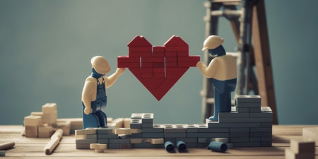 A man and a woman are building a heart from a constructorの素材