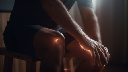 A man having knee pain, focus in the knee area, show as if he is having savior pain, Hands and leg needの素材