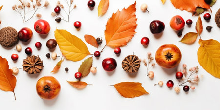Autumn flat lay background on whiteの素材