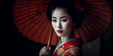 Beautiful Japanese geisha with a red umbrellaの素材