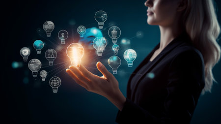 Achievement and Business Goal Success Concept - Creative business people with icon graphic interface showing employee reward giving for business success achievementの素材