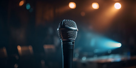 Close up of a microphone on a concert stage with beautiful lightingの素材