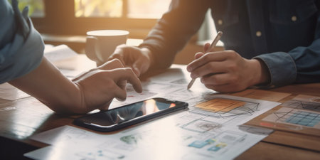 Close up ux developer and ui designer use augmented reality brainstorming about mobile app interface wireframe design on desk at modern office.Creative digital development agencyの素材
