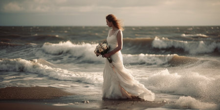 Bride on seaside front viewの素材