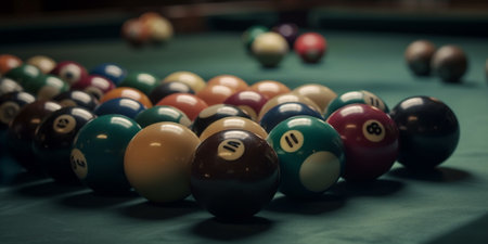 Closeup of billiard balls and sticks on the tableの素材
