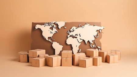 Carton world map. Global logistics, shipping and worldwide delivery businessの素材
