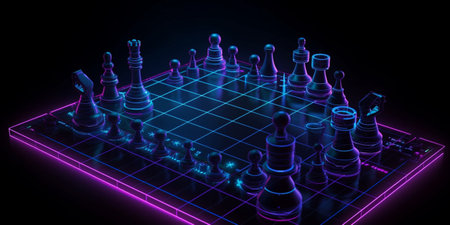 Concept of Strategy business ideas for Innovation planing and planing idea chess competition,futuristic graphic icon and gold chess board game black color tone with financial stock line backgroundの素材