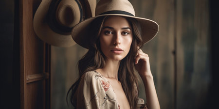 A long-legged brunette fashion model girl in a wide-brimmed hatの素材