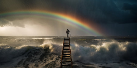 Climbing the career ladder. stormy day, big waves, rainbowの素材