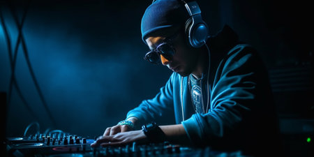Closeup of a dj working under the blue lightの素材