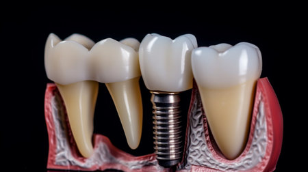 Concept for dental prosthesis. demonstrating the placement of a dental implant on a close up model of teeth's anatomyの素材