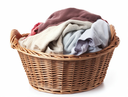 Clothes in laundry basket isolated on white backgroundの素材