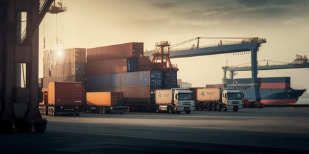 Container truck in ship port for business Logistics and transportationの素材