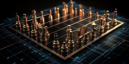 Concept of Strategy business ideas for Innovation planing and planing idea chess competition,futuristic graphic icon and gold chess board game black color tone with financial stock line backgroundの素材