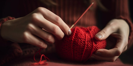 Woman knitting the red heart for her loved oneの素材