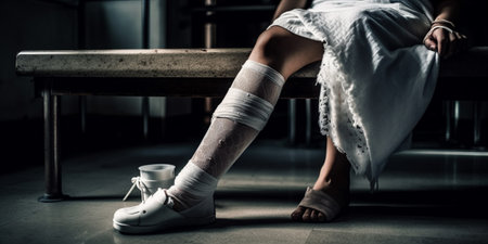 Female patient with broken legの素材