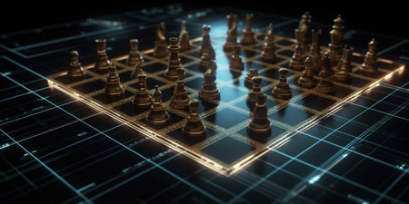 Concept of Strategy business ideas for Innovation planing and planing idea chess competition,futuristic graphic icon and gold chess board game black color tone with financial stock line backgroundの素材