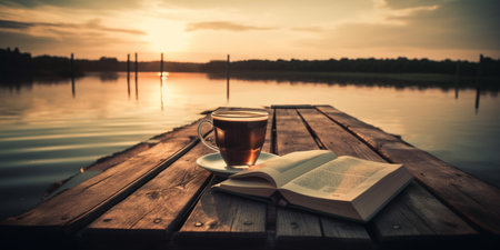 Cup of coffee and book on wooden pier on summer lake sunsetの素材