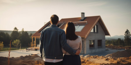 Couple looking at new house. back viewの素材