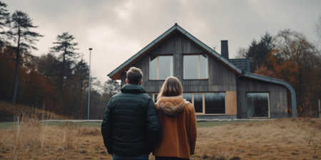 Couple looking at new house. back viewの素材