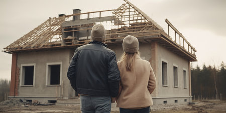 Couple looking at new house. back viewの素材