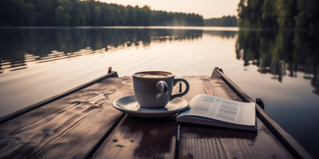 Cup of coffee and book on wooden pier on summer lakeの素材
