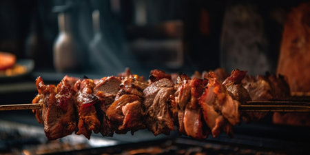 kebab meat on skewers in front of the grill in the restaurant.の素材