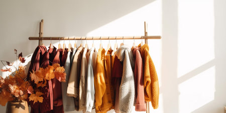 Female autumn clothes on hangers in white roomの素材