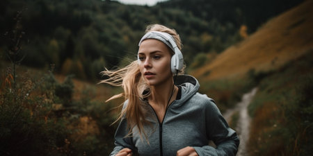 Girl in headphones jogging in a mountain parkの素材