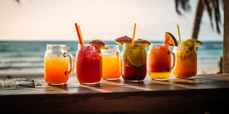 Exotic drinks on Wooden Table In tropical beachの素材