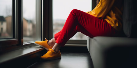 Female in red pants and yellow shoes sitting near window.の素材