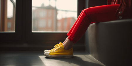 Female in red pants and yellow shoes sitting near window.の素材