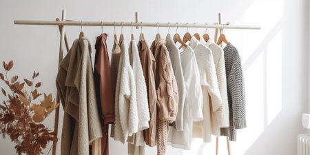 Female autumn clothes on hangers in white roomの素材