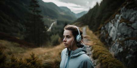 Girl in headphones jogging in a mountain parkの素材