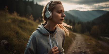 Girl in headphones jogging in a mountain parkの素材