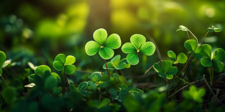 Green background with three-leaved shamrocks, Lucky Irish Four Leaf Clover in the Field for St. Patricks Day holiday symbolの素材