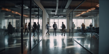 Group of office people walking at office open space. Team of business employees at coworking center. People at motion blur. Concept working at actionの素材