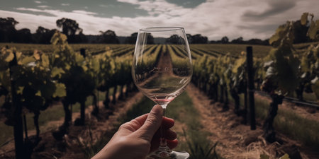 Hand holding wine glass in wineyardの素材