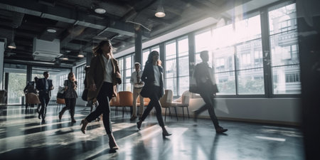 Group of office people walking at office open space. Team of business employees at coworking center. People at motion blur. Concept working at actionの素材