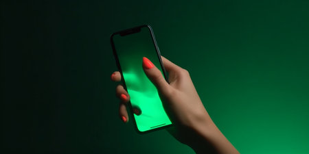 Hand holding smartphone device touching green color screenの素材