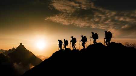 Group of people silhouette on peak mountain climbing helping team work , travel trekking success business conceptの素材
