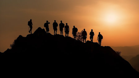 Group of people silhouette on peak mountain climbing helping team work , travel trekking success business conceptの素材