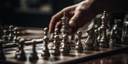 business man strategy brainstorm chess board game with hand touch black background.の素材