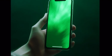 Hand holding smartphone device touching green color screenの素材