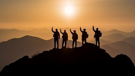Group of people silhouette on peak mountain climbing helping team work , travel trekking success business conceptの素材