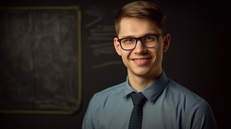 Happy young teacher near blackboard in the classroom at the schoolの素材