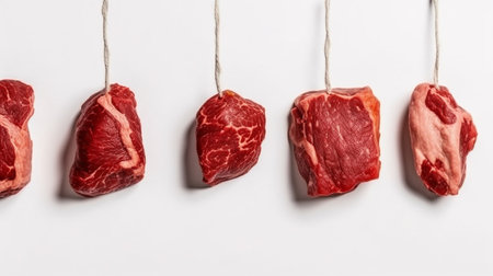 Half pieces of cow red meat hanging, on isolated white backgroundの素材