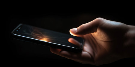 Hand holding smartphone device touching screenの素材